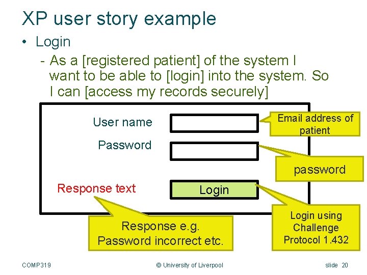 XP user story example • Login - As a [registered patient] of the system