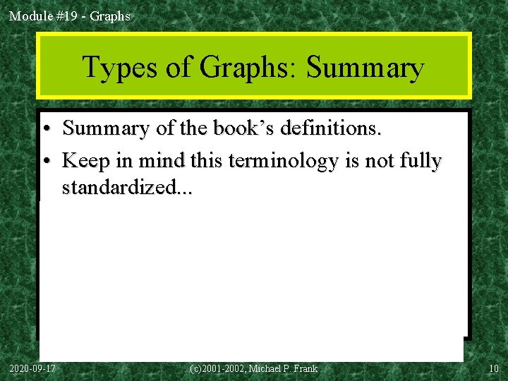 Module #19 - Graphs Types of Graphs: Summary • Summary of the book’s definitions.