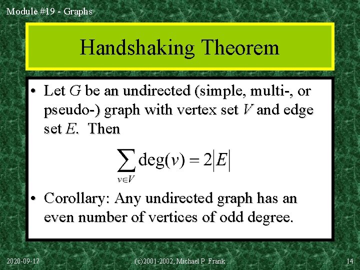 Module #19 - Graphs Handshaking Theorem • Let G be an undirected (simple, multi-,