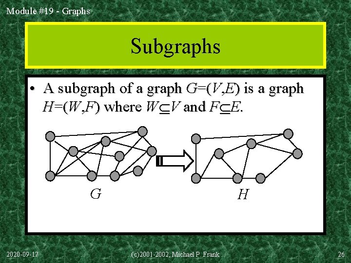 Module #19 - Graphs Subgraphs • A subgraph of a graph G=(V, E) is