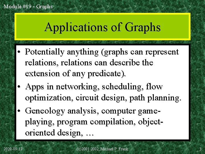 Module #19 - Graphs Applications of Graphs • Potentially anything (graphs can represent relations,