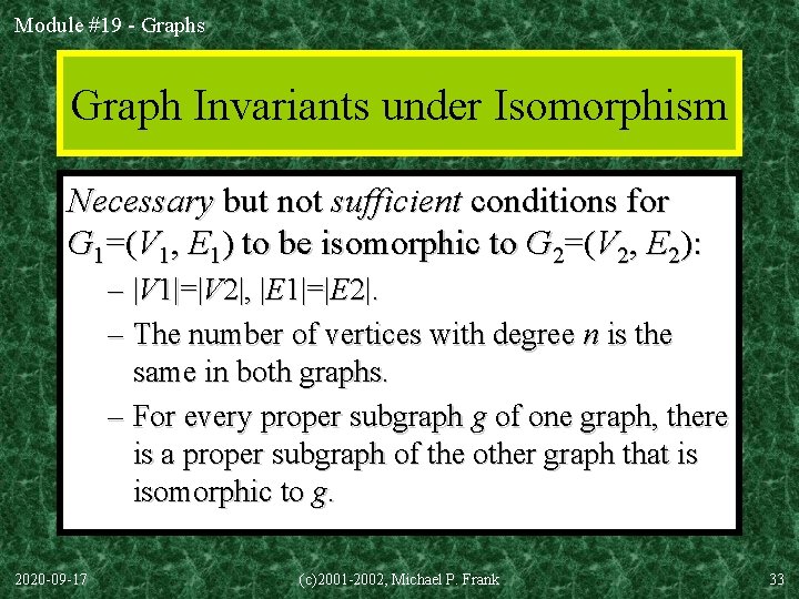 Module #19 - Graphs Graph Invariants under Isomorphism Necessary but not sufficient conditions for