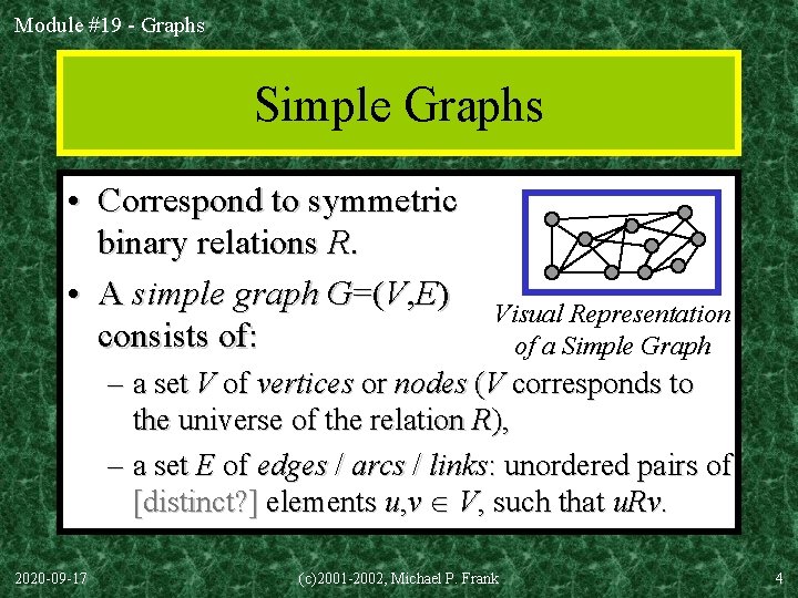 Module #19 - Graphs Simple Graphs • Correspond to symmetric binary relations R. •