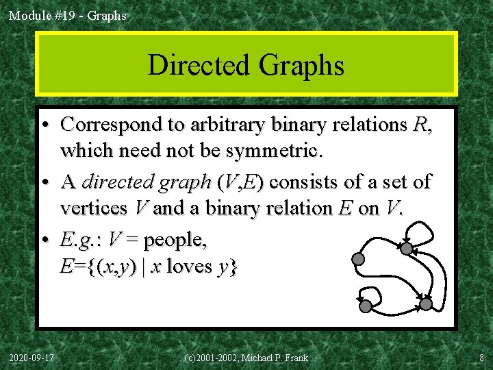 Module #19 - Graphs Directed Graphs • Correspond to arbitrary binary relations R, which