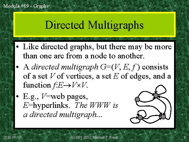 Module #19 - Graphs Directed Multigraphs • Like directed graphs, but there may be