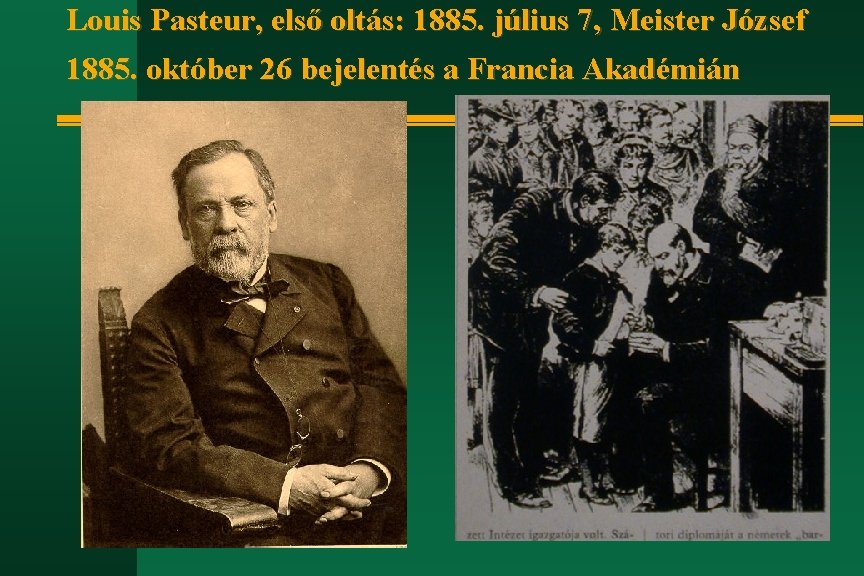 Louis Pasteur, első oltás: 1885. július 7, Meister József 1885. október 26 bejelentés a