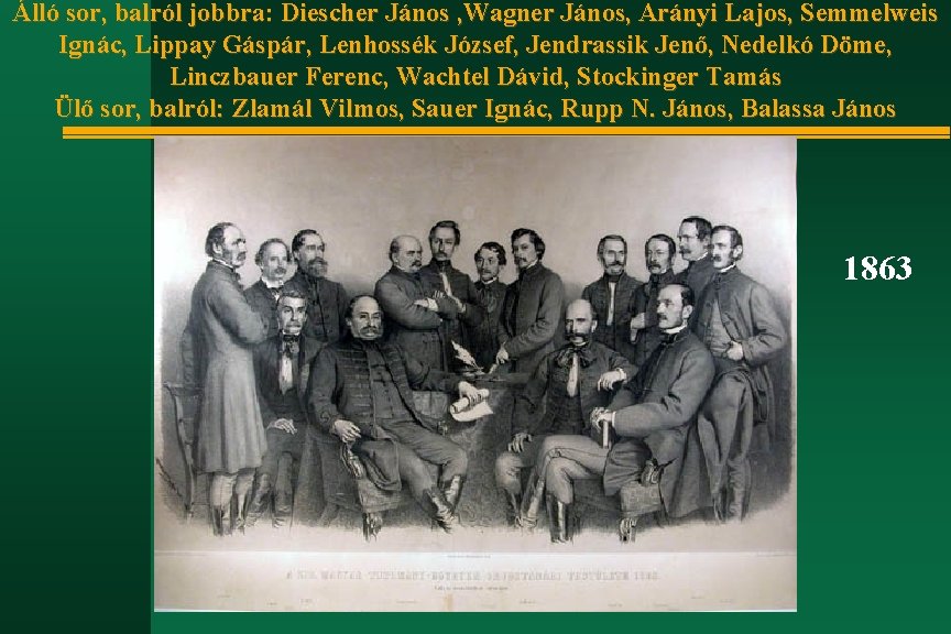 Álló sor, balról jobbra: Diescher János , Wagner János, Arányi Lajos, Semmelweis Ignác, Lippay