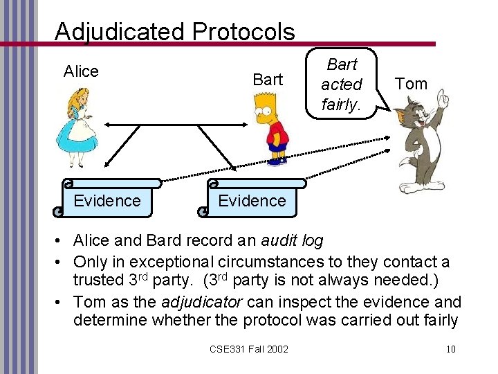 Adjudicated Protocols Alice Evidence Bart acted fairly. Tom Evidence • Alice and Bard record