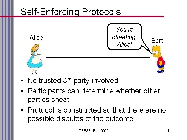 Self-Enforcing Protocols You’re cheating, Alice! Alice Bart • No trusted 3 rd party involved.