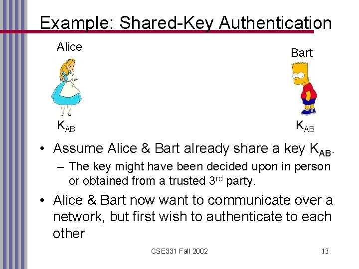 Example: Shared-Key Authentication Alice Bart KAB • Assume Alice & Bart already share a