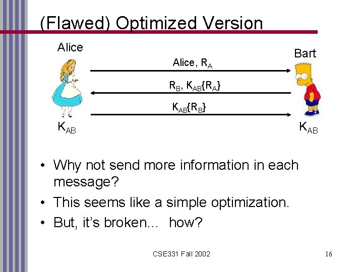 (Flawed) Optimized Version Alice, RA Bart RB, KAB{RA} KAB{RB} KAB • Why not send