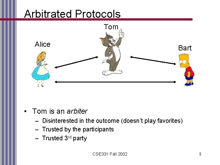 Arbitrated Protocols Tom Alice Bart • Tom is an arbiter – Disinterested in the