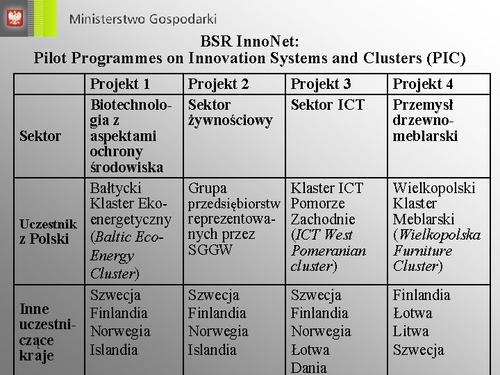 BSR Inno. Net: Pilot Programmes on Innovation Systems and Clusters (PIC) Projekt 1 Biotechnologia BSR Inno. Net: Pilot Programmes on Innovation Systems and Clusters (PIC) Projekt 1 Biotechnologia