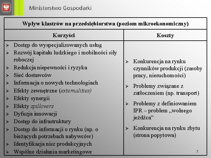 Wpływ klastrów na przedsiębiorstwa (poziom mikroekonomiczny) Korzyści Ø Ø Ø Ø Dostęp do wyspecjalizowanych