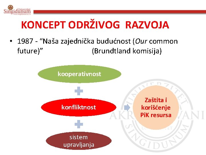 KONCEPT ODRŽIVOG RAZVOJA • 1987 - “Naša zajednička budućnost (Our common future)” (Brundtland komisija)