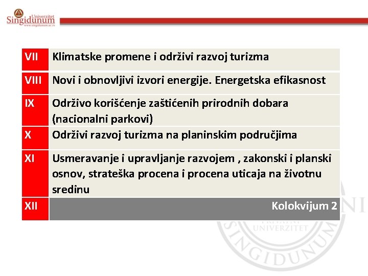 VII Klimаtske promene i održivi rаzvoj turizmа VIII Novi i obnovljivi izvori energije. Energetskа