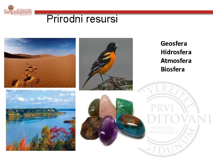 Prirodni resursi Geosfera Hidrosfera Atmosfera Biosfera 