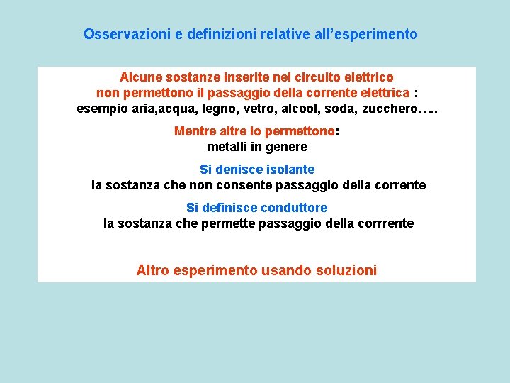 Osservazioni e definizioni relative all’esperimento Alcune sostanze inserite nel circuito elettrico non permettono il