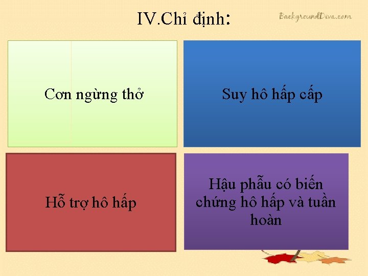 IV. Chỉ định: Cơn ngừng thở Suy hô hấp cấp Hỗ trợ hô hấp IV. Chỉ định: Cơn ngừng thở Suy hô hấp cấp Hỗ trợ hô hấp