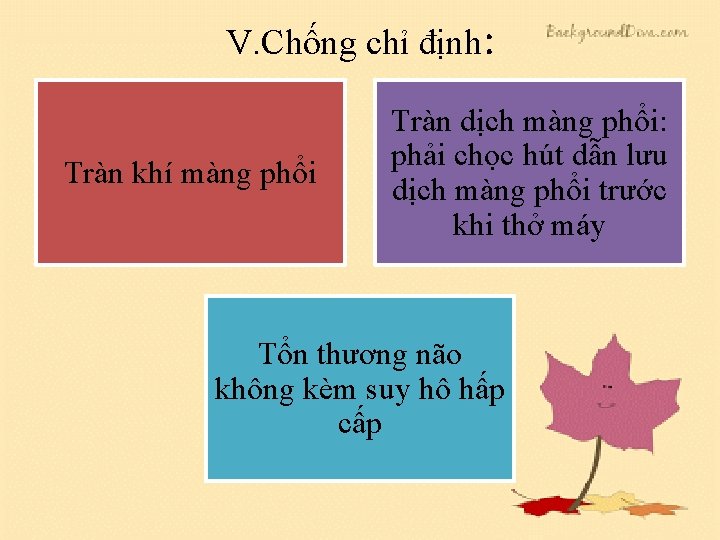 V. Chống chỉ định: Tràn khí màng phổi Tràn dịch màng phổi: phải chọc V. Chống chỉ định: Tràn khí màng phổi Tràn dịch màng phổi: phải chọc