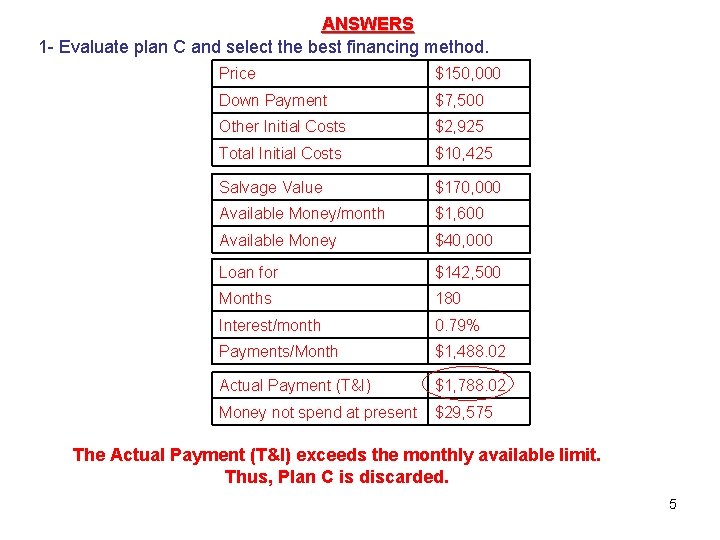 ANSWERS 1 - Evaluate plan C and select the best financing method. Price $150,