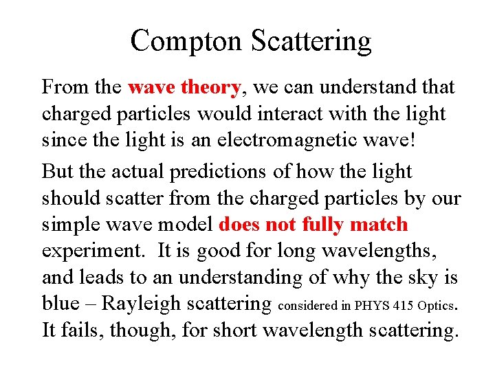 Compton Scattering From the wave theory, we can understand that charged particles would interact