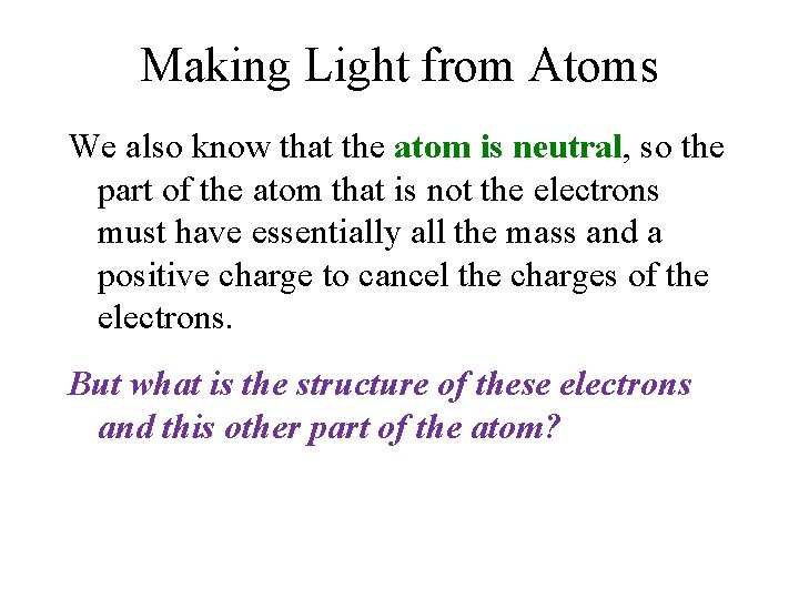 Making Light from Atoms We also know that the atom is neutral, so the