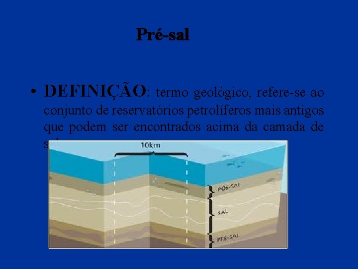 Pré-sal • DEFINIÇÃO: termo geológico, refere-se ao conjunto de reservatórios petrolíferos mais antigos que