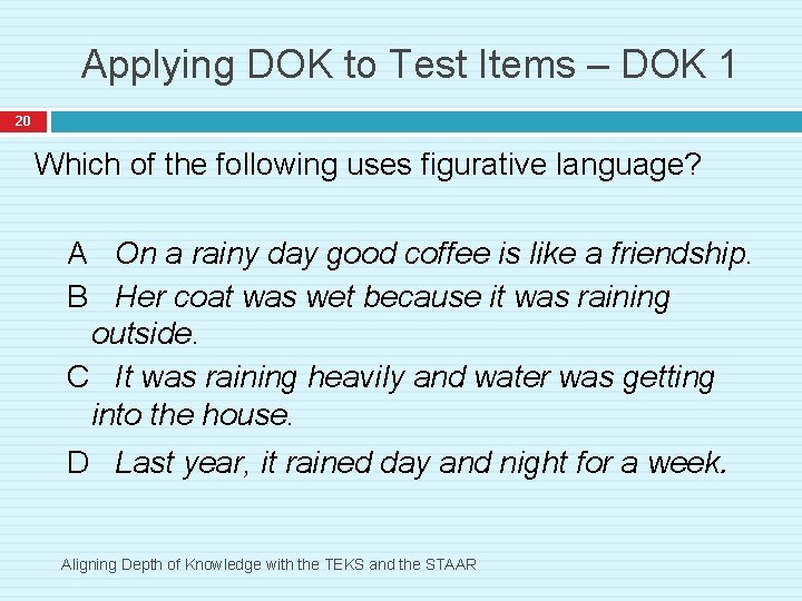 Applying DOK to Test Items – DOK 1 20 Which of the following uses