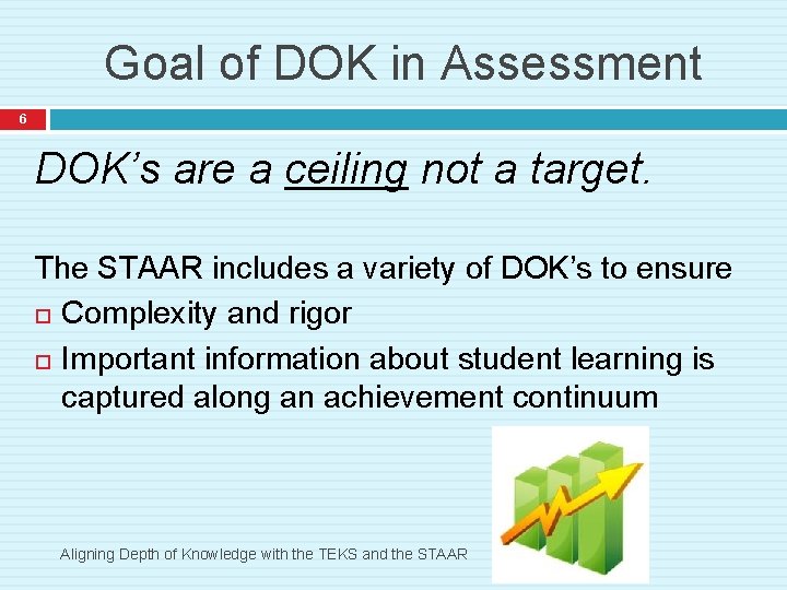 Goal of DOK in Assessment 6 DOK’s are a ceiling not a target. The