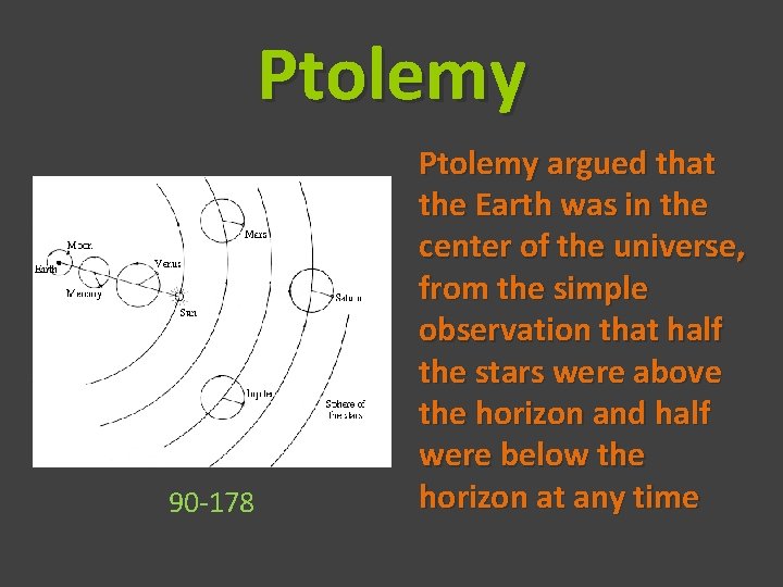 Ptolemy 90 -178 Ptolemy argued that the Earth was in the center of the