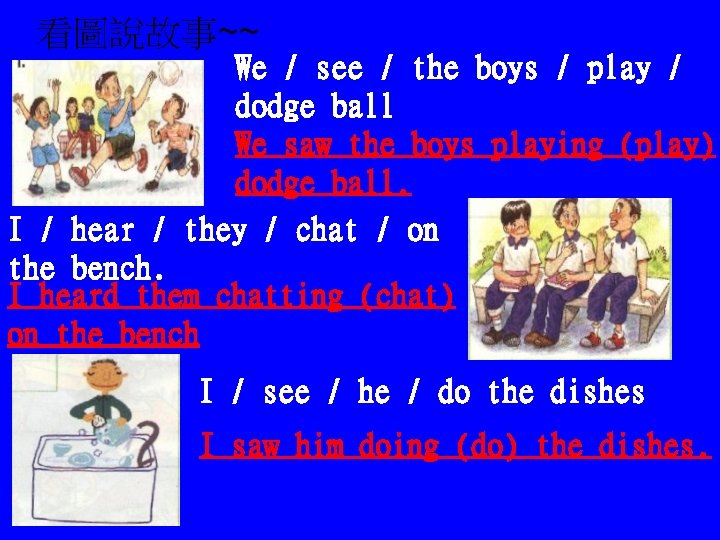 看圖說故事~~ We / see / the boys / play / dodge ball We saw