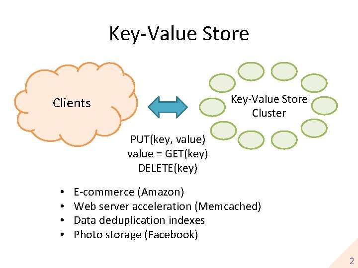 Key-Value Store Cluster Clients PUT(key, value) value = GET(key) DELETE(key) • • E-commerce (Amazon)