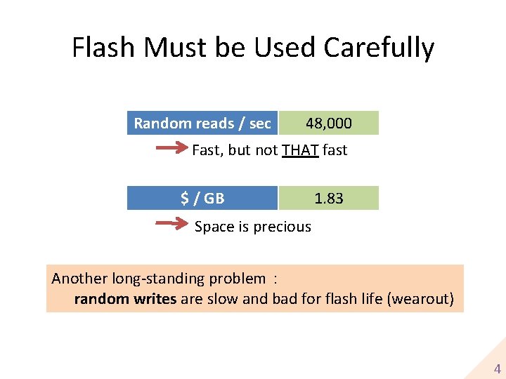 Flash Must be Used Carefully Random reads / sec 48, 000 Fast, but not