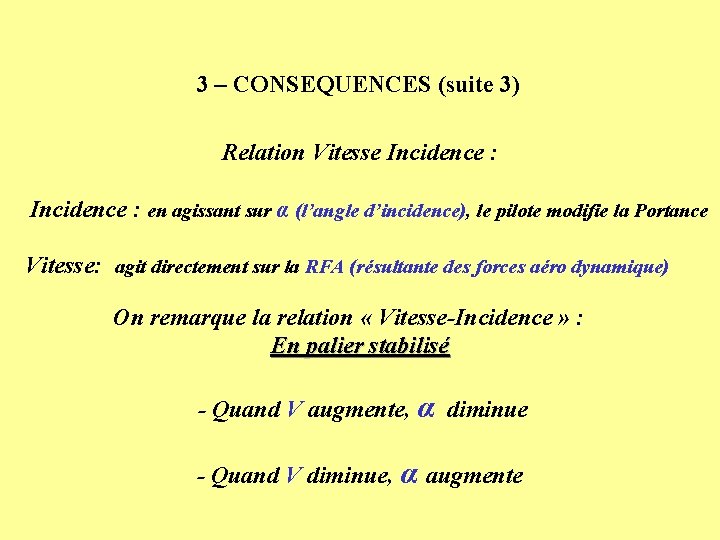 3 – CONSEQUENCES (suite 3) Relation Vitesse Incidence : en agissant sur α (l’angle