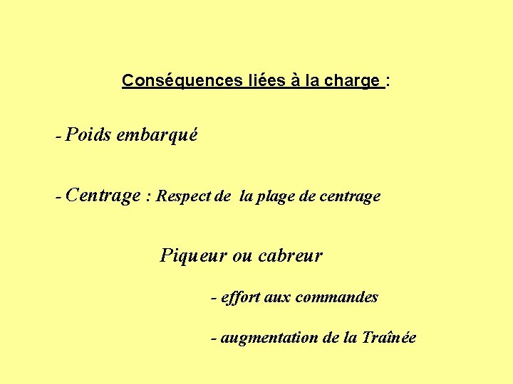 Conséquences liées à la charge : - Poids embarqué - Centrage : Respect de