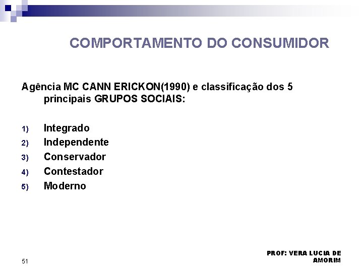 COMPORTAMENTO DO CONSUMIDOR Agência MC CANN ERICKON(1990) e classificação dos 5 principais GRUPOS SOCIAIS: COMPORTAMENTO DO CONSUMIDOR Agência MC CANN ERICKON(1990) e classificação dos 5 principais GRUPOS SOCIAIS: