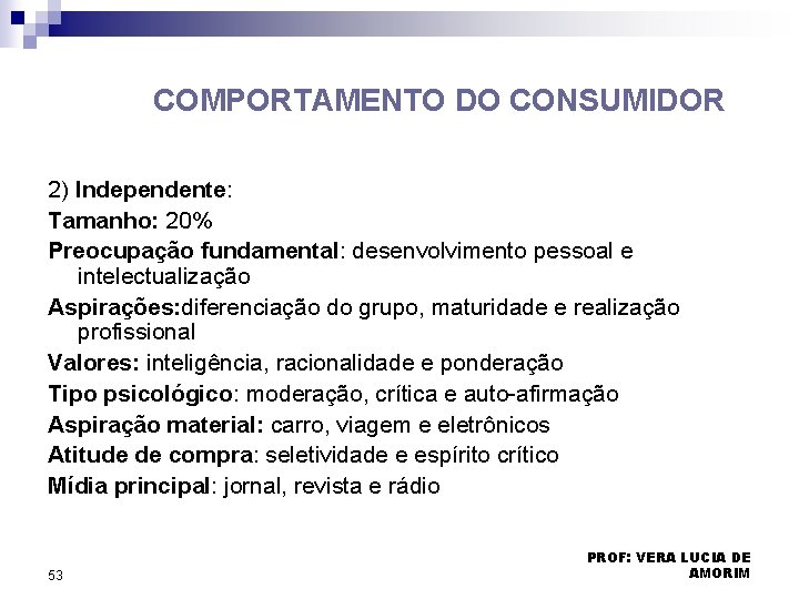 COMPORTAMENTO DO CONSUMIDOR 2) Independente: Tamanho: 20% Preocupação fundamental: desenvolvimento pessoal e intelectualização Aspirações: COMPORTAMENTO DO CONSUMIDOR 2) Independente: Tamanho: 20% Preocupação fundamental: desenvolvimento pessoal e intelectualização Aspirações: