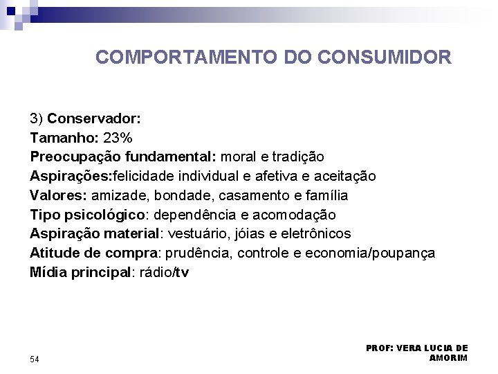COMPORTAMENTO DO CONSUMIDOR 3) Conservador: Tamanho: 23% Preocupação fundamental: moral e tradição Aspirações: felicidade COMPORTAMENTO DO CONSUMIDOR 3) Conservador: Tamanho: 23% Preocupação fundamental: moral e tradição Aspirações: felicidade