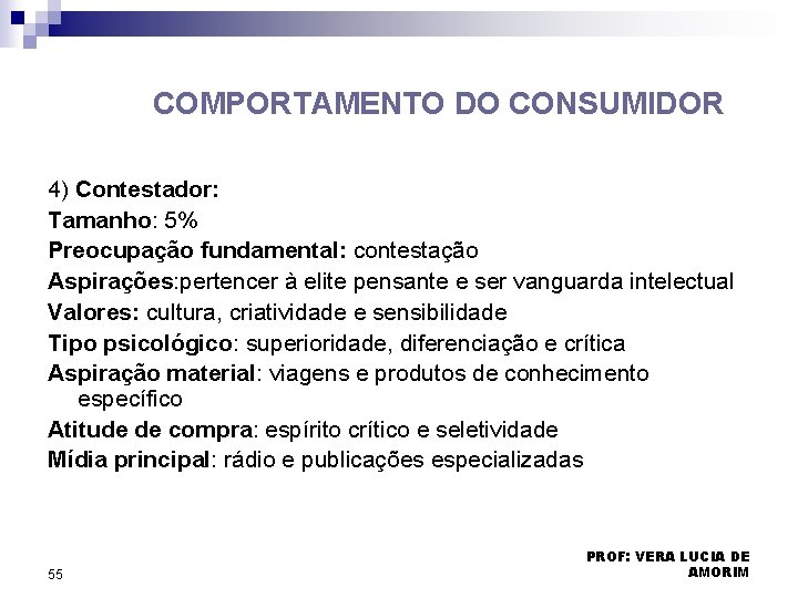 COMPORTAMENTO DO CONSUMIDOR 4) Contestador: Tamanho: 5% Preocupação fundamental: contestação Aspirações: pertencer à elite COMPORTAMENTO DO CONSUMIDOR 4) Contestador: Tamanho: 5% Preocupação fundamental: contestação Aspirações: pertencer à elite