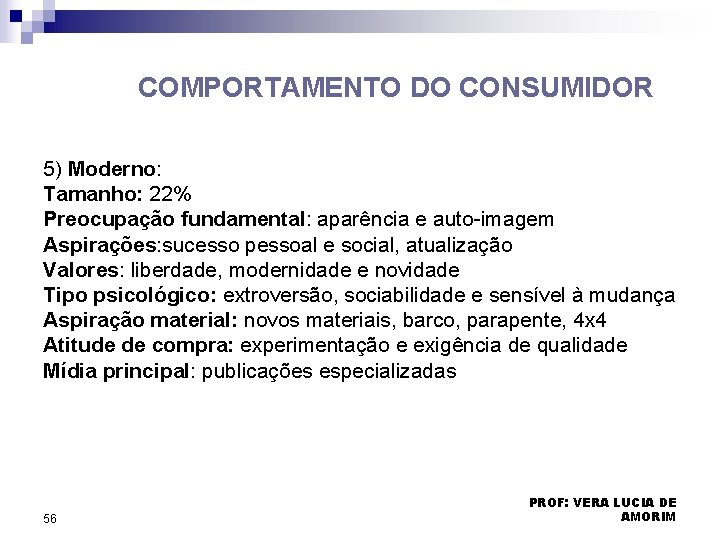 COMPORTAMENTO DO CONSUMIDOR 5) Moderno: Tamanho: 22% Preocupação fundamental: aparência e auto-imagem Aspirações: sucesso COMPORTAMENTO DO CONSUMIDOR 5) Moderno: Tamanho: 22% Preocupação fundamental: aparência e auto-imagem Aspirações: sucesso
