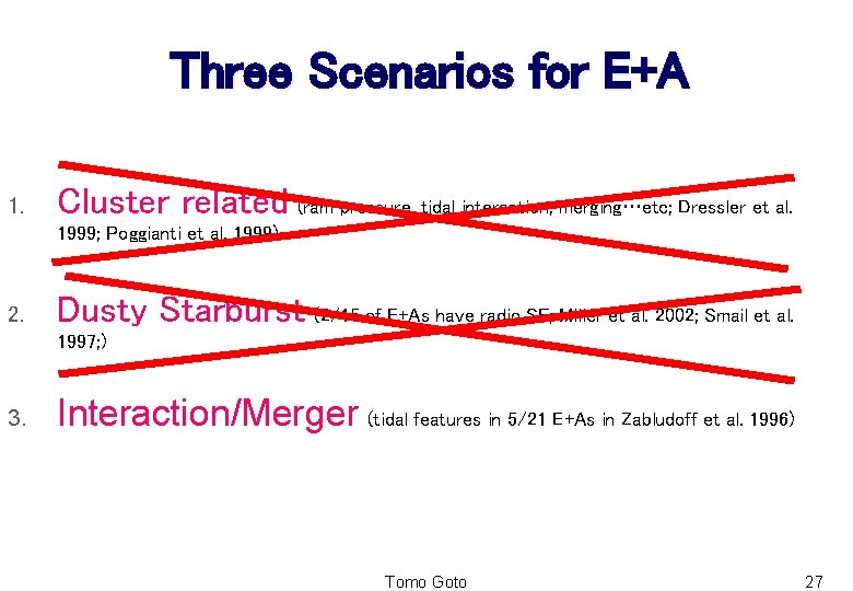 Three Scenarios for E+A 1. Cluster related (ram pressure, tidal interaction, merging…etc; Dressler et