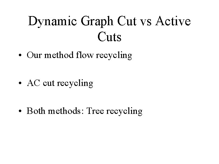 Dynamic Graph Cut vs Active Cuts • Our method flow recycling • AC cut