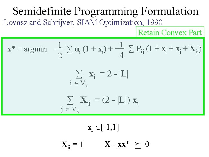 Semidefinite Programming Formulation Lovasz and Schrijver, SIAM Optimization, 1990 Retain Convex Part 1 ∑