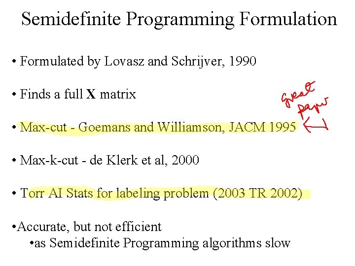 Semidefinite Programming Formulation • Formulated by Lovasz and Schrijver, 1990 • Finds a full
