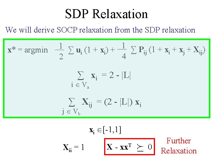SDP Relaxation We will derive SOCP relaxation from the SDP relaxation x* = argmin