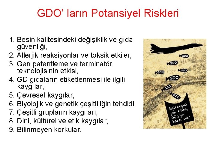 GDO’ ların Potansiyel Riskleri 1. Besin kalitesindeki değişiklik ve gıda güvenliği, 2. Allerjik reaksiyonlar