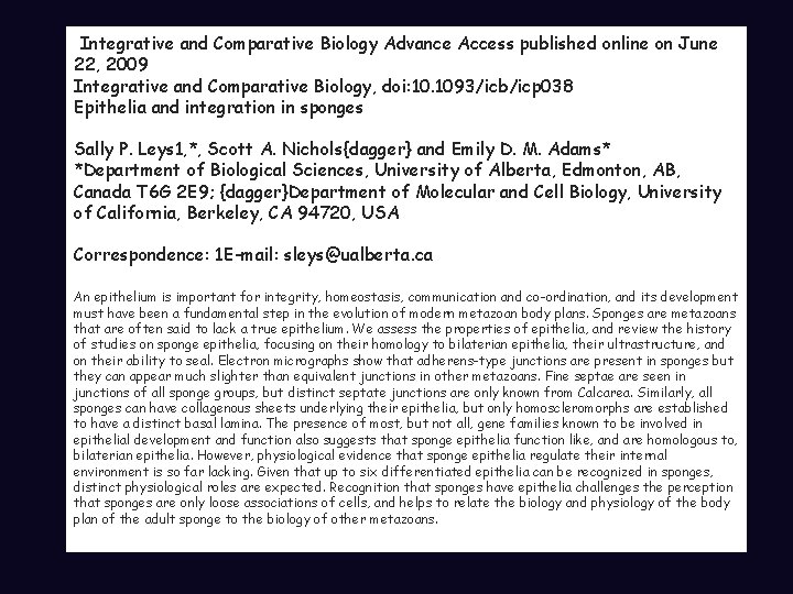 Integrative and Comparative Biology Advance Access published online on June 22, 2009 Integrative and Integrative and Comparative Biology Advance Access published online on June 22, 2009 Integrative and