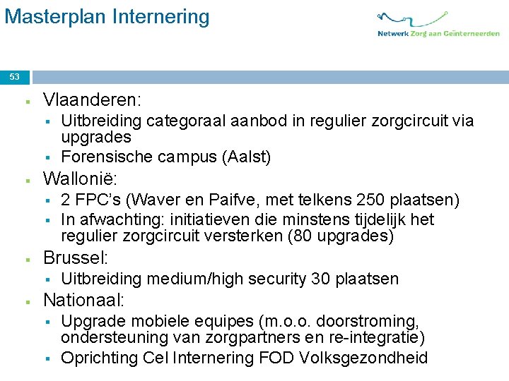 Masterplan Internering 53 § Vlaanderen: § § § Wallonië: § § § 2 FPC’s