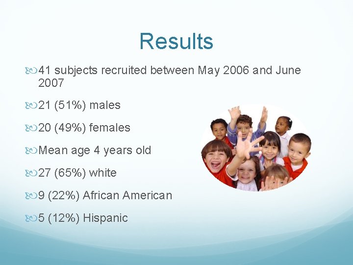 Results 41 subjects recruited between May 2006 and June 2007 21 (51%) males 20